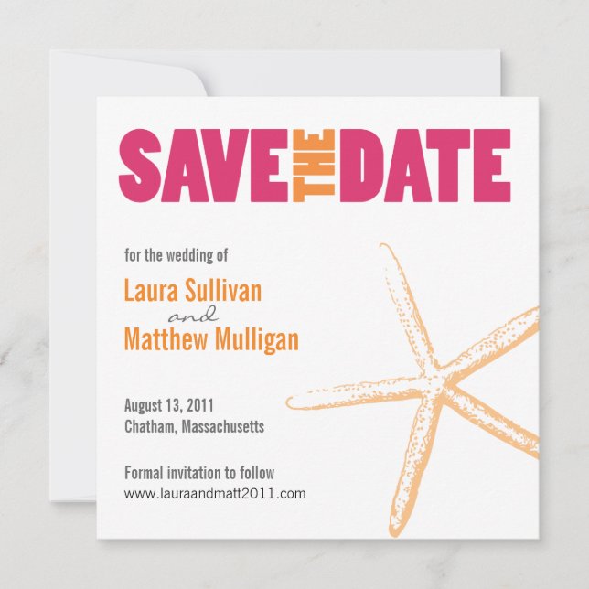 Pink and Orange Starfish Wedding Save the Date (Front)
