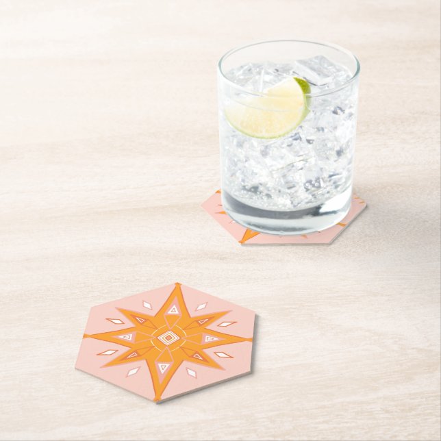 Pink and Orange Stars Geometric Design Boho Paper Coaster (Insitu)