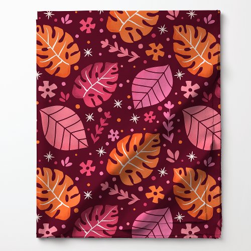 Pink And Orange Tropical Monstera Leaf Pattern Fabric