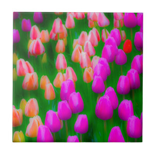 Pink and orange tulip floral design ceramic tile