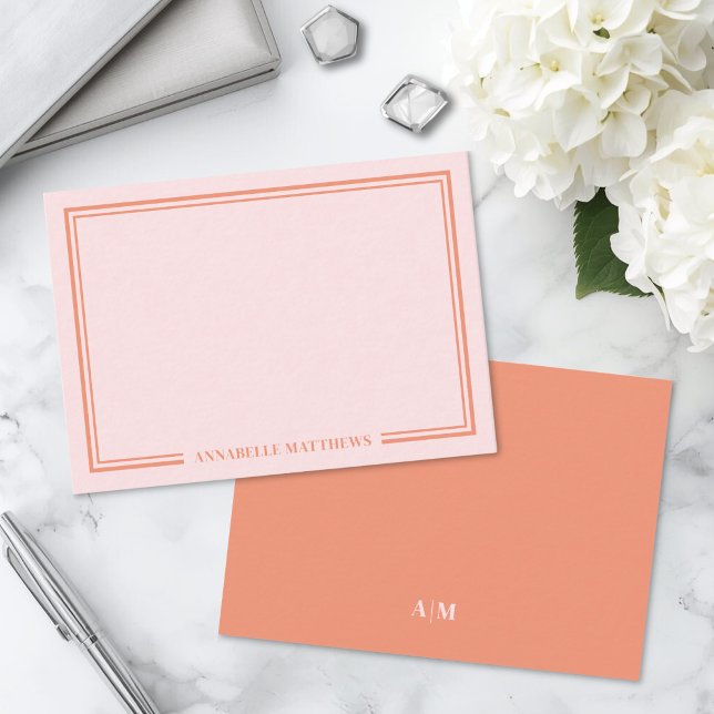 Pink And Orange Two Border Monogram Note Card (Pink And Orange Two Border Monogram Note Card)