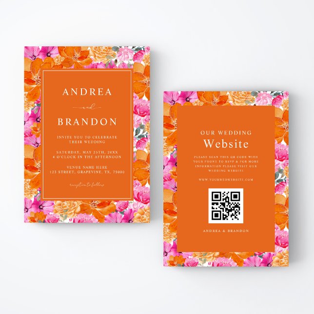 Pink and Orange | Vibrant Garden | QR Code Wedding Invitation (Creator Uploaded)