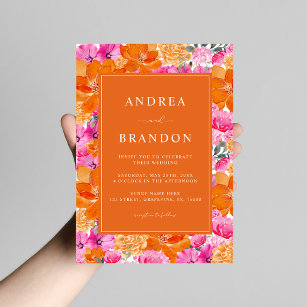 Pink and Orange   Vibrant Garden   QR Code Wedding Invitation
