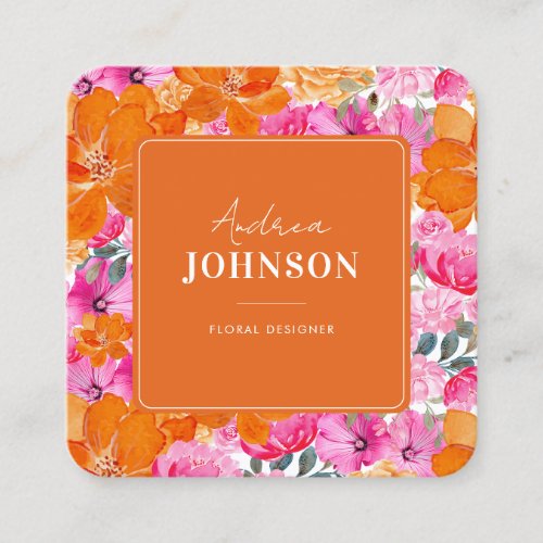 Pink and Orange Vibrant Watercolor Summer Floral Square Business Card