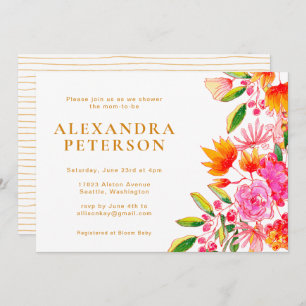 Pink and Orange Watercolor Floral Baby Shower Invitation