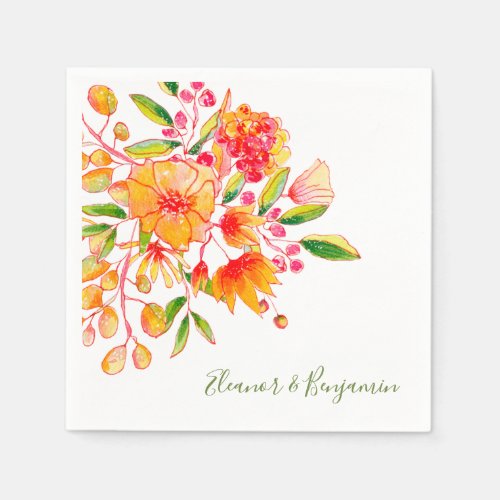 Pink and Orange Watercolor Floral Custom Wedding Napkins