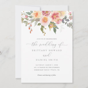Pink and Orange Watercolor Floral Greenery Wedding Invitation