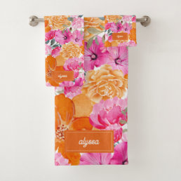 Pink and Orange Watercolor Floral Name Monogram Bath Towel Set