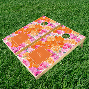 Pink and Orange Watercolor Floral Name Monogram    Cornhole Set