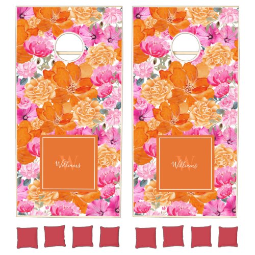 Pink and Orange Watercolor Floral Name Monogram    Cornhole Set
