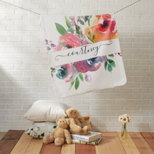 Pink and orange watercolor floral personalized baby blanket