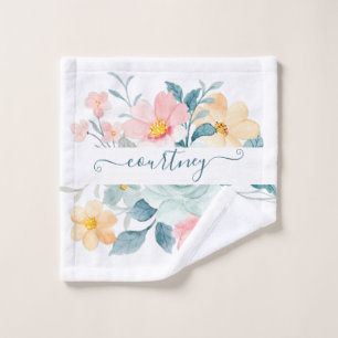 Pink and orange watercolor floral personalized bath towel set