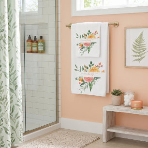 Pink and orange watercolor floral personalized bath towel set