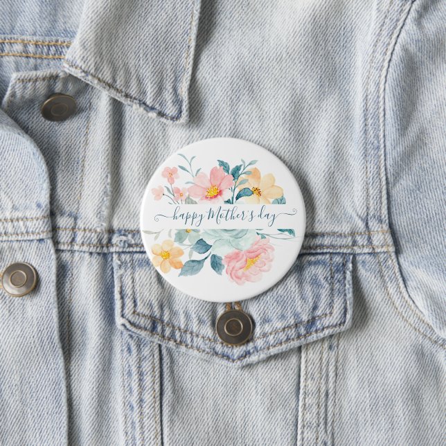 Pink and orange watercolor floral personalized   button (In Situ)