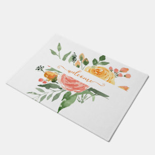 Pink and orange watercolor floral personalized doormat