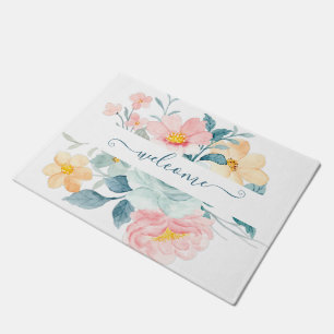 Pink and orange watercolor floral personalized doormat