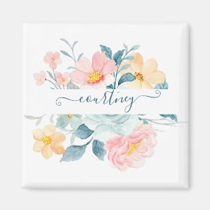 Pink and orange watercolor floral personalized   magnet