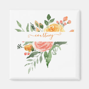 Pink and orange watercolor floral personalized   magnet