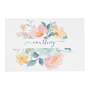 Pink and orange watercolor floral personalized placemat