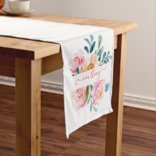 Pink and orange watercolor floral personalized short table runner