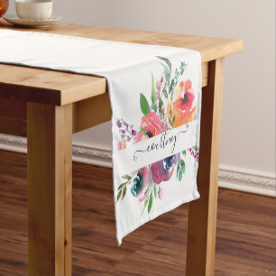 Pink and orange watercolor floral personalized   short table runner