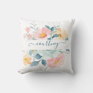 Pink and orange watercolor floral personalized throw pillow