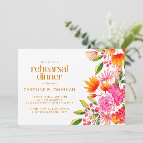 Pink and Orange Watercolor Floral Rehearsal Dinner Invitation