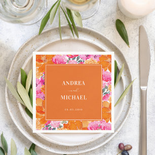 Pink and Orange Watercolor Floral Summer Wedding Napkins