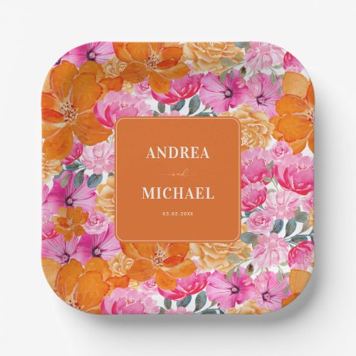 Pink and Orange Watercolor Floral Summer Wedding Paper Plates