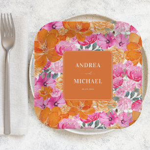 Pink and Orange Watercolor Floral Summer Wedding Paper Plates