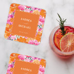 Pink and Orange Watercolor Floral Summer Wedding Square Paper Coaster<br><div class="desc">These elegant paper coasters,  featuring pink and orange floral and custom text would make a great addition to your wedding celebration. Easily add your own details by clicking on the "personalize" option.</div>