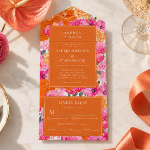 Pink and Orange Watercolor Floral Vibrant Wedding All In One Invitation
