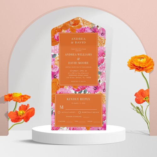 Pink and Orange Watercolor Floral Vibrant Wedding All In One Invitation