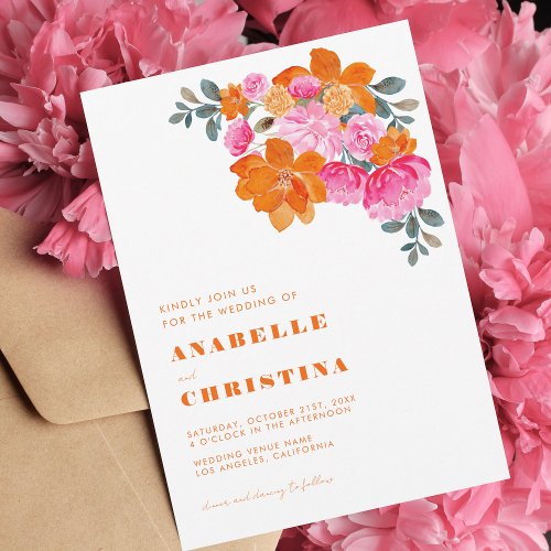 Pink and Orange Watercolor Floral Vibrant Wedding Invitation