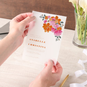 Pink and Orange Watercolor Floral Vibrant Wedding Vellum Invitations