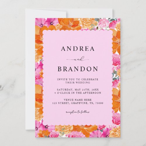 Pink and Orange Watercolor Floral  Wavy Frame Invitation
