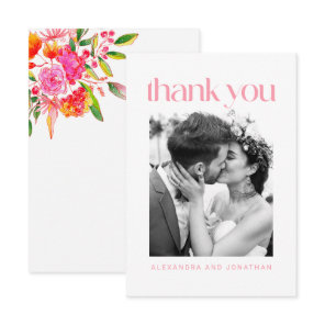 Pink and Orange Watercolor Floral Wedding Photo Thank You Card
