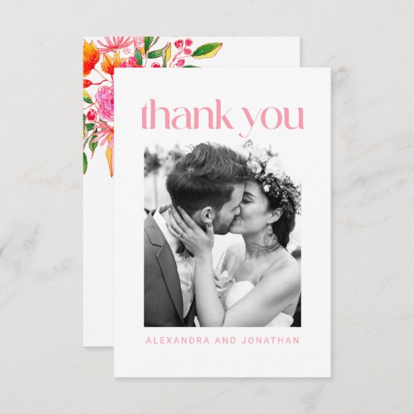 Pink and Orange Watercolor Floral Wedding Photo Thank You Card