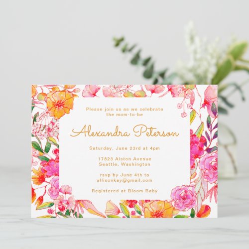 Pink and Orange Watercolor Flowers Baby Shower Invitation