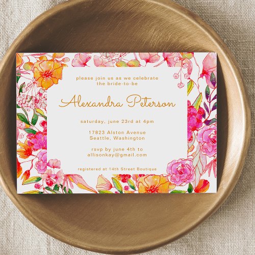 Pink and Orange Watercolor Flowers Bridal Shower Invitation