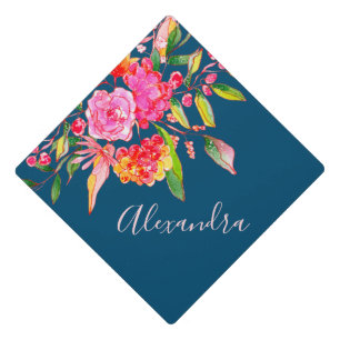 Pink and Orange Watercolor Flowers Navy Name Graduation Cap Topper