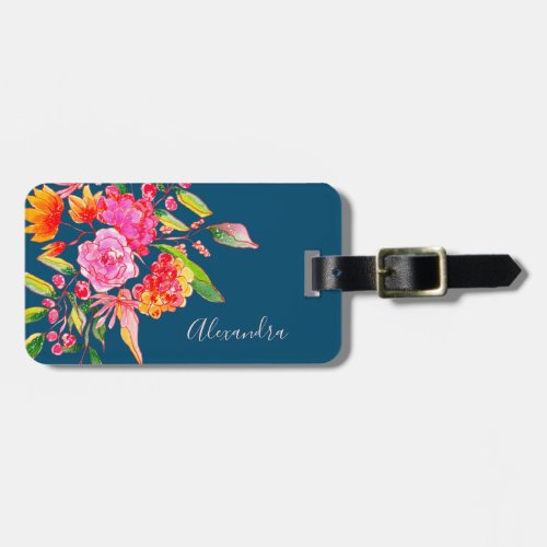 Pink and Orange Watercolor Flowers Navy Name Luggage Tag