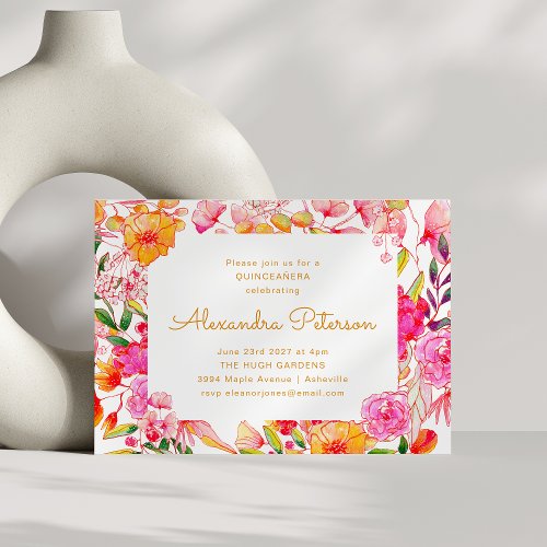 Pink and Orange Watercolor Flowers QUINCEAERA Invitation