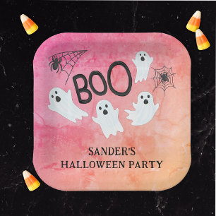 PINK AND ORANGE WATERCOLOR GHOST HALLOWEEN PARTY PAPER PLATES