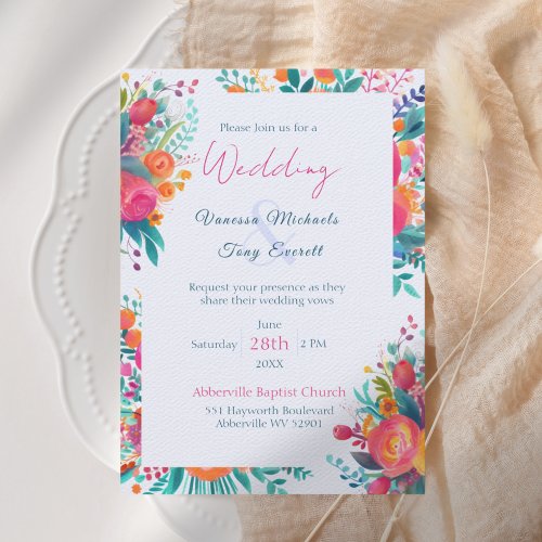 Pink and Orange Watercolor Tropical Floral Wedding Invitation