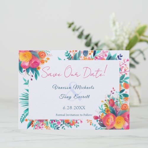 Pink and Orange Watercolor Tropical Floral Wedding Save The Date