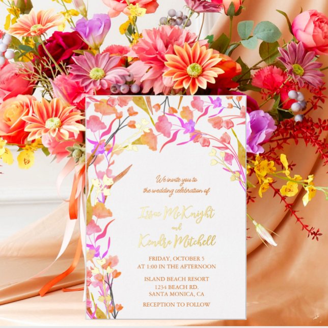 Pink and Orange Watercolor Wildflower  Foil Invitation (Creator Uploaded)