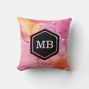 Pink and orange watercolour galaxy monogram pillow