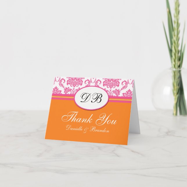 Pink and Orange Wedding Thank You Card (Front)