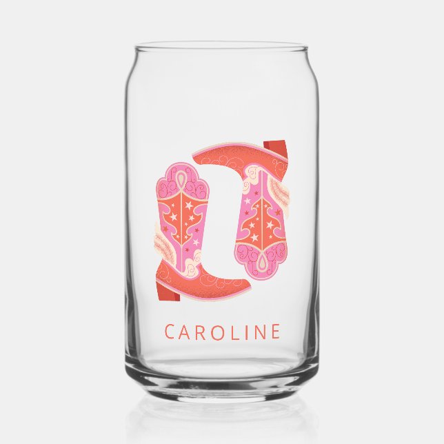 Pink and Orange Western Cowboy Boots Personalized Can Glass (Front)